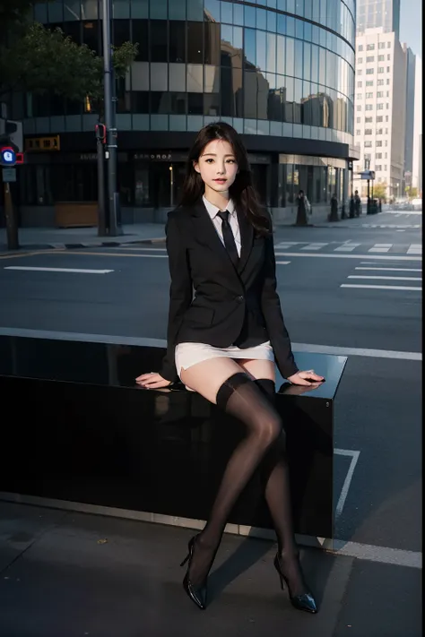 8k, Best Quality, (Beauty), High Definition, Realistic, Real Person, Full Body Portrait, Delicate Face, Cute Face, 25 Year Old Woman, Slim Figure, Small Bust, Office Uniform, Office Clothes, Black Stockings, Outdoor Scene, Sedentary