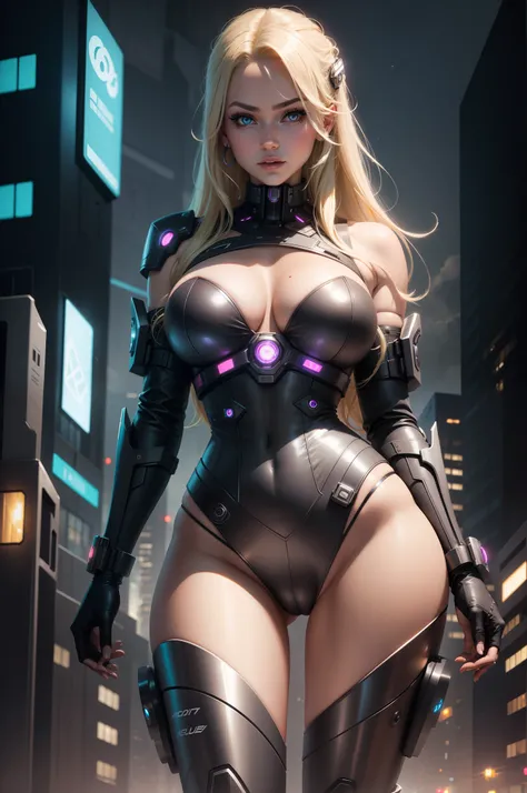 Futuristic, 1 girl, city, night, cyborg, seductive, cleavage, blonde