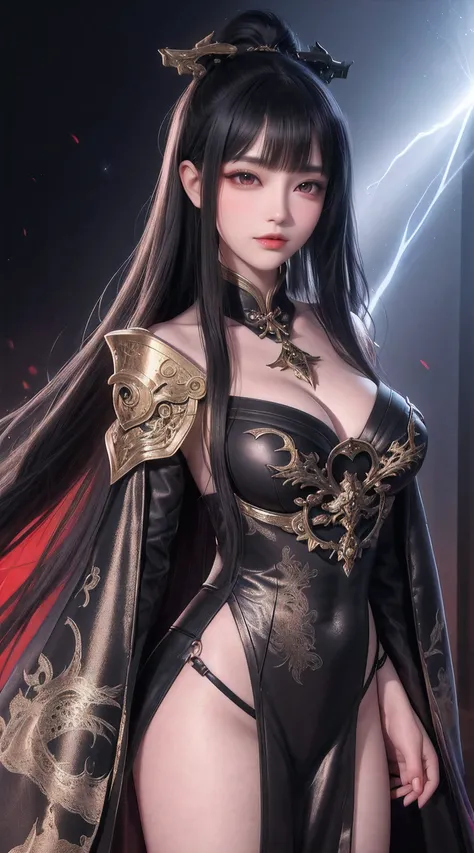 China,Dark Big Oriental eyes,Black long hair gathered in a Chinese ponytail,leather cloak, with metal shoulder pads,scatters star rays,fantasy ,Blend of black gold,colorful Pattern, Dragon Pattern Road, prince, palace,Lightning effect,arms behind back,hand...