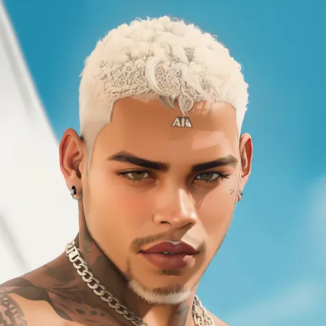 Homem com tatuagens no peito e no peito, xxxtentacion, taken in the early 2020s, Ronaldo Nazario Fenomeno, justificar, Ronaldo Nazario, cara, smug look, cabelos amarelos, Coelho ruim, Estilo de Seb McKinnon, com estria branca no cabelo, neymar, ele tem cab...