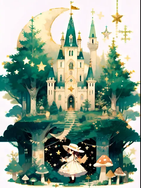 (((masterpiece))),best quality, whitetown, 1girl, dress, hat, star (symbol), tree, solo, mushroom, castle, moon, white dress, pixel art, pixai