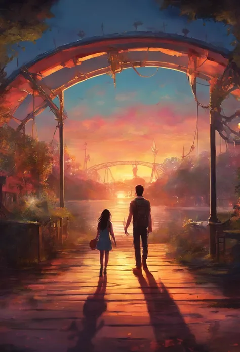 A man and a girl and a girl in an abandoned amusement park, sun sunset, You only see silhouettes of the man and the girl. The last of us, Joel e Ellie