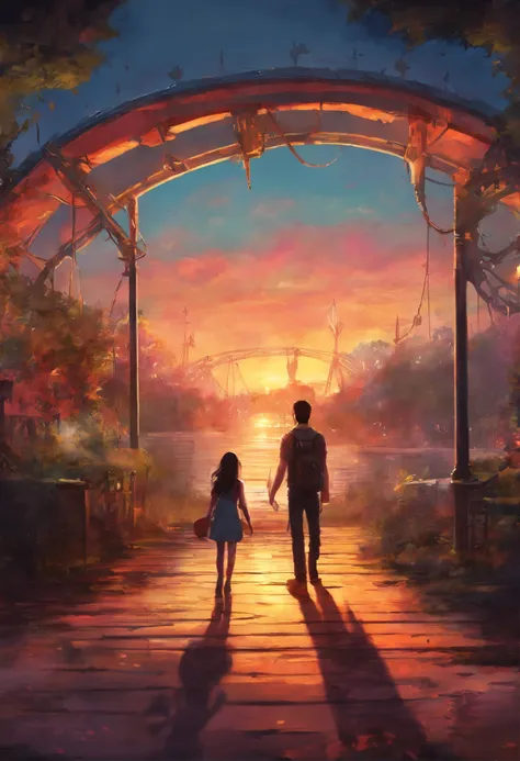 A man and a girl and a girl in an abandoned amusement park, sun sunset, You only see silhouettes of the man and the girl. The last of us, Joel e Ellie