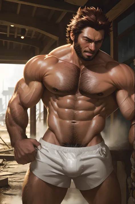 Wolverine walks through the ruins of the town，Wolverine Classic Claw，Panties show off the figure ，aged 40，Asian male，Nasolabial folds，Sweat all over the body，Oily skin reflexes，red brown hair，Reddish-brown beard，Open your mouth and laugh，Huge pectoral musc...