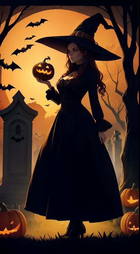 print for a halloween shirt, a witch with a pumpkin in a cemetery, dark colors