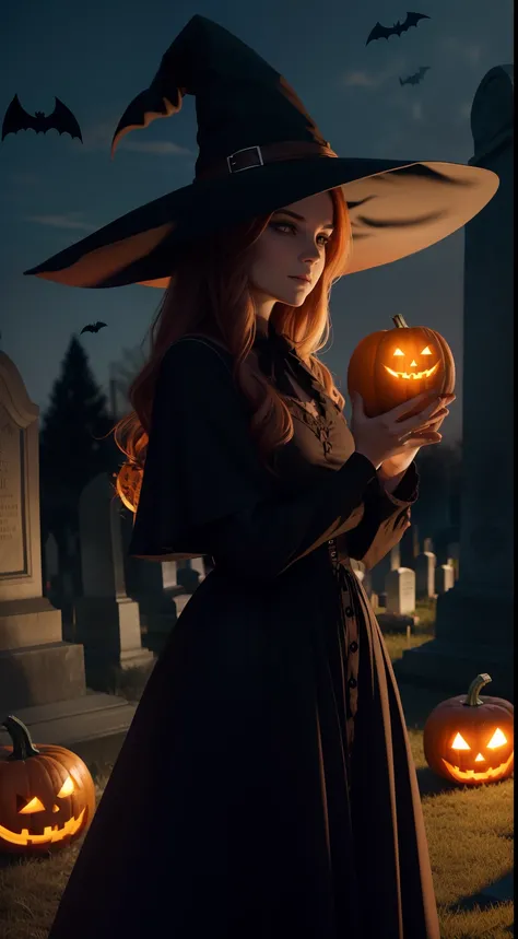 print for a halloween shirt, a witch with a pumpkin in a cemetery, dark colors