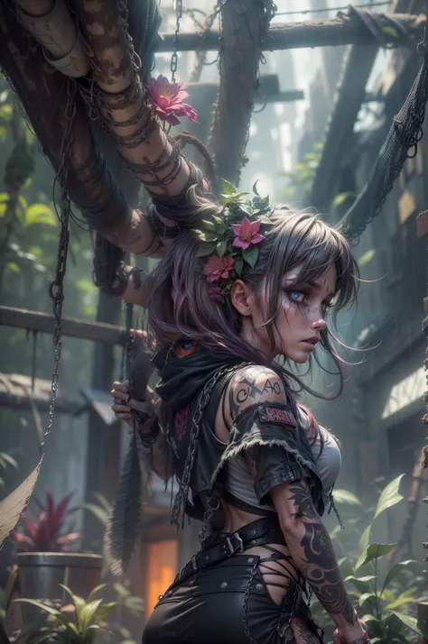 (best quality,4k,8k,highres,masterpiece:1.2),ultra-detailed,(realistic,photorealistic,photo-realistic:1.37),sexy dirty punk girl,deep jungle, intense colors,dramatic shadows,gritty atmosphere,fierce expression,long flowing hair,pierced nose,punk style make...