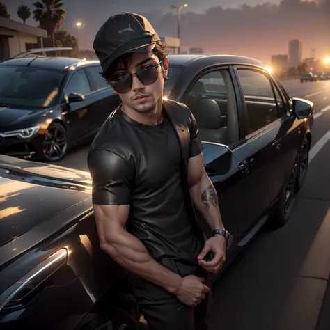 Handsome and cute boy, gangstar look, beautiful black colour car on back, wearing a balck suit, at los Angeles CA, sunset time, realistic, enhance and detailed,8k