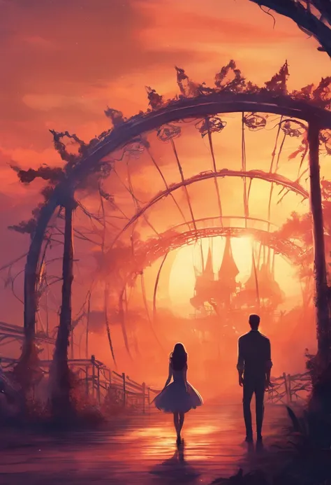 A man and his girlfriend in an abandoned amusement park, sun sunset, You only see silhouettes of the man and the woman