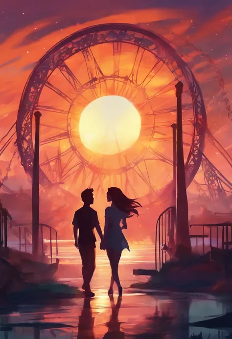 A man and his girlfriend in an abandoned amusement park, sun sunset, You only see silhouettes of the man and the woman