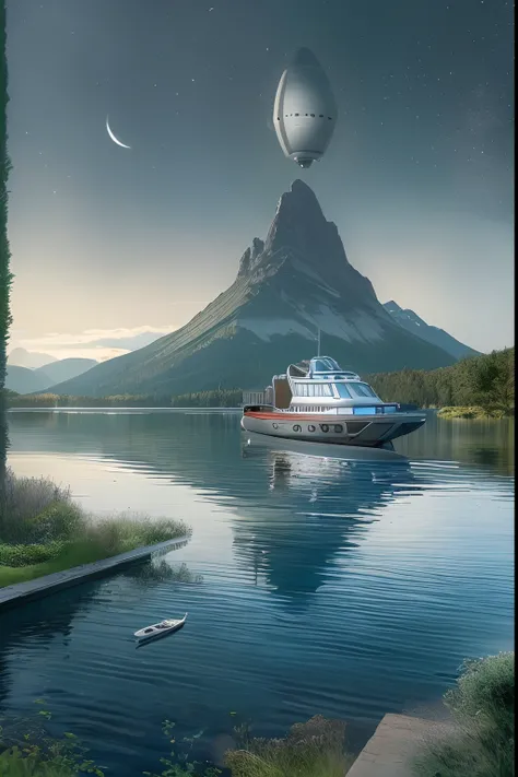 spaceship floating on water near mountains, spaceship on lake, metal spaceship with water and spaceship, spaceship on lake, perfectly calm water, small spaceship, spaceship in foreground, boat dock, lake house, on lake, inspiration Small spaceship in the f...