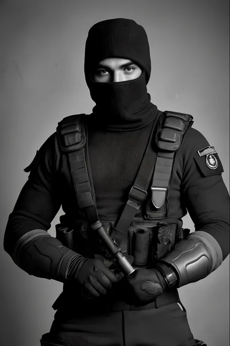 Homem fardado de balaclava e equipamentos militares forte e musculoso, cinematic a black and white image