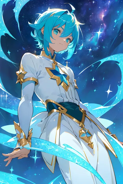 ((magical boy), ((gorgeous starry sky background)), ((ultra-detailed)), ((best illustration)), ((cinematic lighting)), dynamic angle, finely detailed, (glitter:1.2), (sparkle:1.2), (shine:1.2), classic, confident, mean (painting:1.1), (sketch:1.1), (best q...