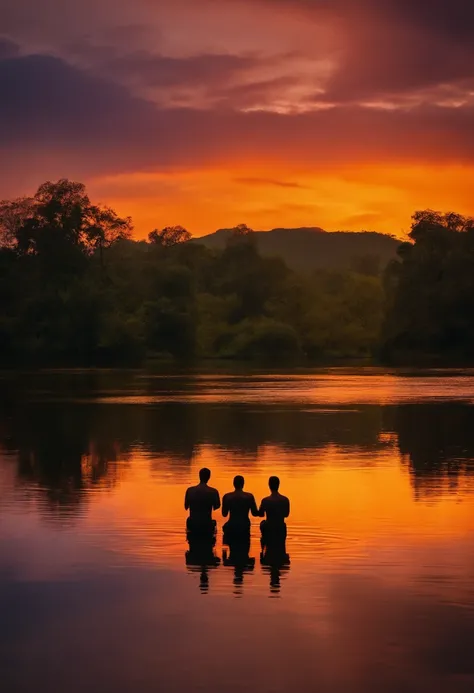 best quality,5 men facing away,water reflection,center man has angel wings reflection,realistic,low light,vibrant colors,water ripples,wet surface,backlit figures,detailed figures,silhouettes,lush environment,sunset colors,peaceful atmosphere,calm waters,s...