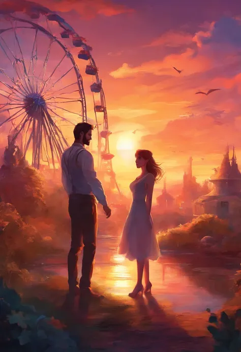 A man and his girlfriend in an abandoned amusement park, sun sunset, You only see silhouettes of the man and the woman