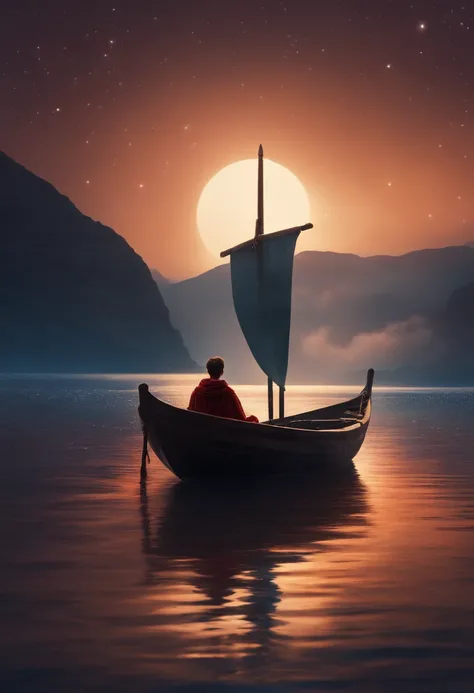 Boy sitting in boat, sword in hand, cape, loneliness, high resolution, sea of stars, vista, romance, smallness