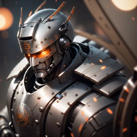 Oto of the portrait of a robot SAMURAI in a mechanical armor used, (((bokeh clear)), intricate, (steel metal [rust]), sharp and elegant focus, photo by greg rutkowski, soft lighting, vibrant colors, masterpiece, detailed image.