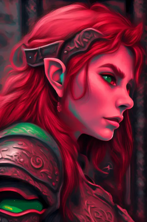 nqartst style pixel art picture of a scene from baldurs gate, a portrait of a female elf cleric, red hair, green eyes, extremell...