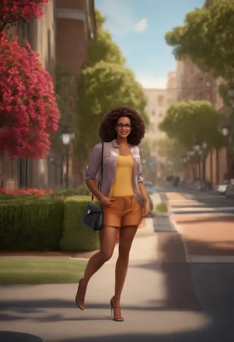 Make a woman with glasses, Elá is walking down a street, ela tem cara de engenheira, this one with a notepad is street full of condominiums, desenhe pelo menos 10 condominios, Tipo de desenho Disney, Ela esta interessada em ser sindica destes condominios, ...