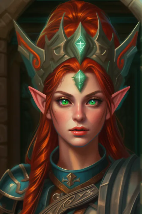 pixel art picture of a scene from Baldurs Gate, a portrait of a female elf cleric, red hair, green eyes, extremelley beautiful, ultra feminine, wearing heavy armor, GlowingRunes_paleblue from armor, ultra best realistic pictures , best details, best qualit...