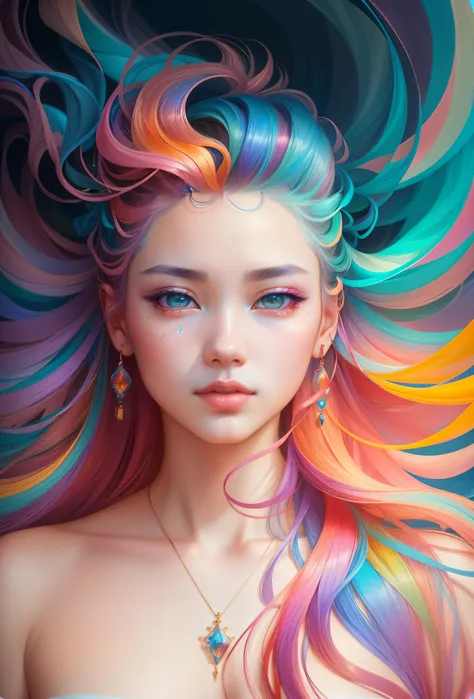 _james jean, floating female figure made of ribbons, smoke, in the sky, colorful and vibrant, mystical colors, contemporary impressionism, yanjun cheng portrait painting, iridescent painting, 3/4 perspective view, cute face, low angle, sweeping circling co...