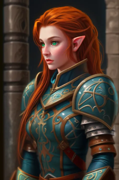 pixel art picture of a scene from Baldurs Gate, a portrait of a female elf cleric, red hair, green eyes, extremelley beautiful, ultra feminine, wearing heavy armor, GlowingRunes_paleblue from armor, ultra best realistic pictures , best details, best qualit...