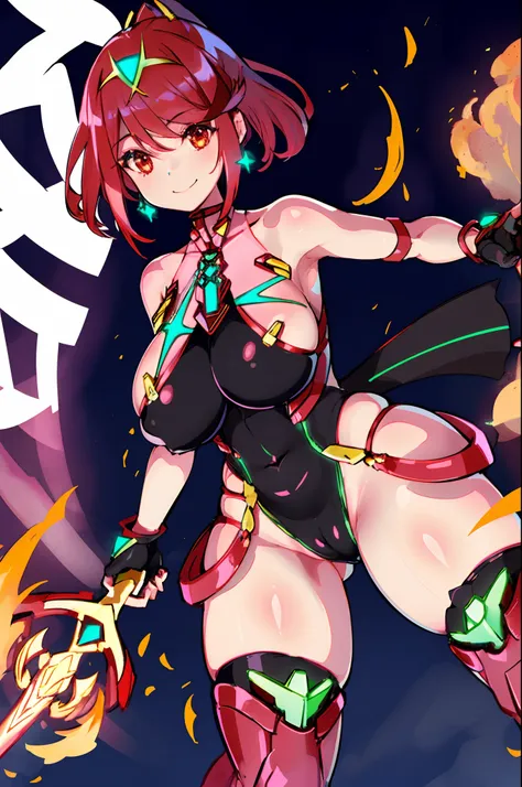 pyra (xenoblade), teen_1girl, loli, bangs, black gloves, breasts, red eyes, shout, earrings, eyelashes, fingerless gloves, floating hair, , gem, gloves, hair ornament, headpiece, jewelry, big_breasts, leaning back, swimsuit, neon trim, official art, pose, ...