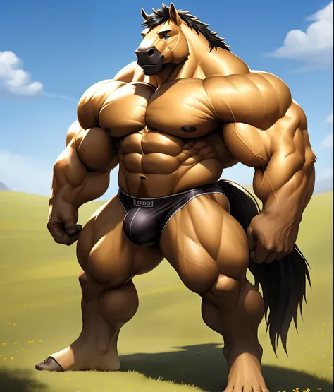 nj5furry, (golden horse, huge), golden horse, ((extremely realistic shadows, masterpiece, extremely detailed, photorealistic)), kemono, golden skin, jet black hair, blue eyes, wearing a tiny thong revealing huge muscular thighs, bulge in the crotch, Meadow...