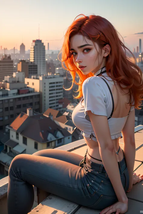 Generate an ultra-realistic image of Dilara Toprak, a 20-year-old Turkish woman, sitting on the edge of a rooftop, with her back turned to the viewer. She is dressed casually and is gazing at the street view below. Dilara has orange hair and Turkish facial...