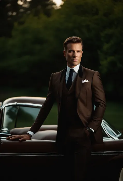 corps entier, wide-angle photo close-up portrait of the body of a handsome man , Grand et en forme, (40 ans:1.1), (shaven:1.2) , (very short brown hair:1.5),(very short hair:1.6). Dark blue tight velvet suit. (posing outside the mansion with a luxury car:1...