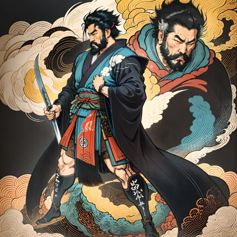 it is a full-body painting with natural colors with katsushika hokusai-style line drawings. the swordsman miyamoto musashi has a...