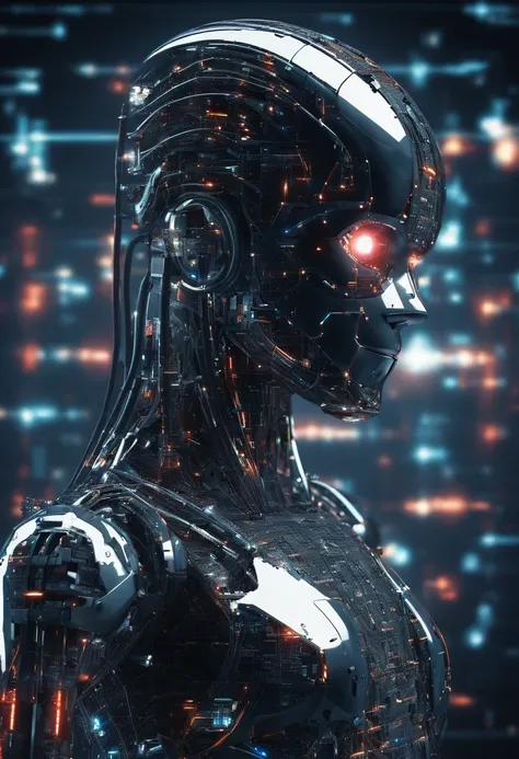 An image of a futuristic digital landscape, with code threads flowing in the background. No centro da imagem, features a visual representation of a highly sophisticated robot, com circuitos detalhados e efeitos de luz pulsantes. Ao redor dela, illustration...