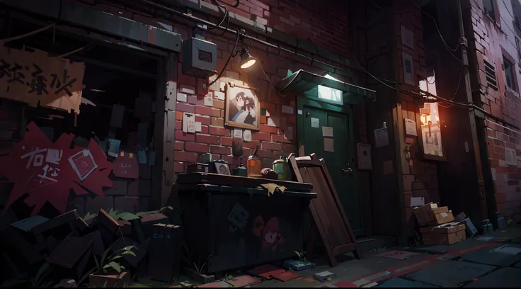 a mysterious back alley, surrounded by dimly lit brick walls, narrow cobblestone streets, and flickering streetlights.The alley is filled with shadows and hints of graffiti, adding to the urban and gritty atmosphere. The back alley is illuminated with a wa...