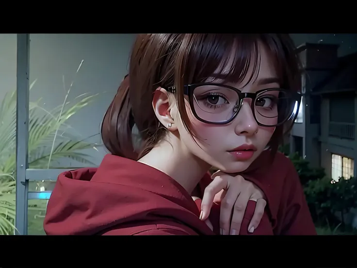 girl with glasses red hoodie brown hair