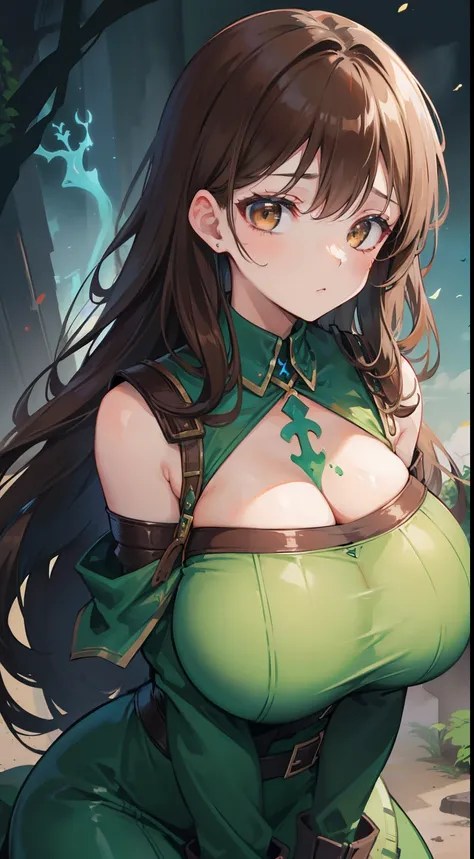 Girl, big boobs, brown hair, long hair, brown eyes, undead, rune, green fluid