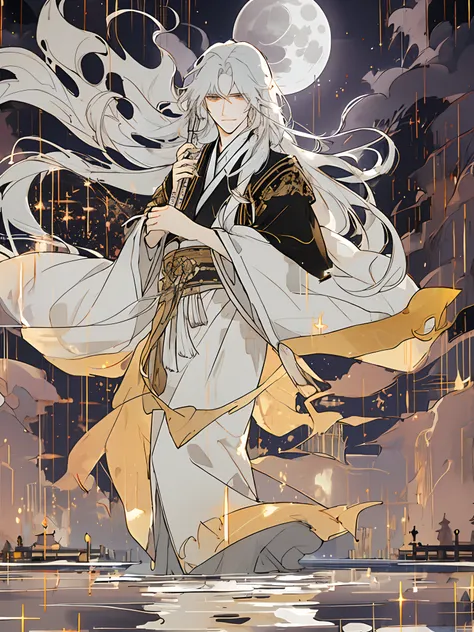 The male，Male，White Hanfu，long  white hair，Long flowing hair，Wide robe with large sleeves，Ancient wind，Solid color clothes，The clothes do not have any patterns，laughingly，softlighting，water ink，Behind it is the full moon，low-saturation，low-contrast，led flo...