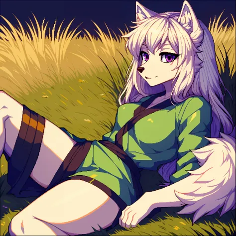 Naomi, pixel art, 8 bit wolf girl,, pixelated, purple eyes, wearing green ninja robes, lying in a grassy field, detailed face, heavily pixelated, 8bit, minimalist, simple design, 8bit, ps1 graphics, seductive