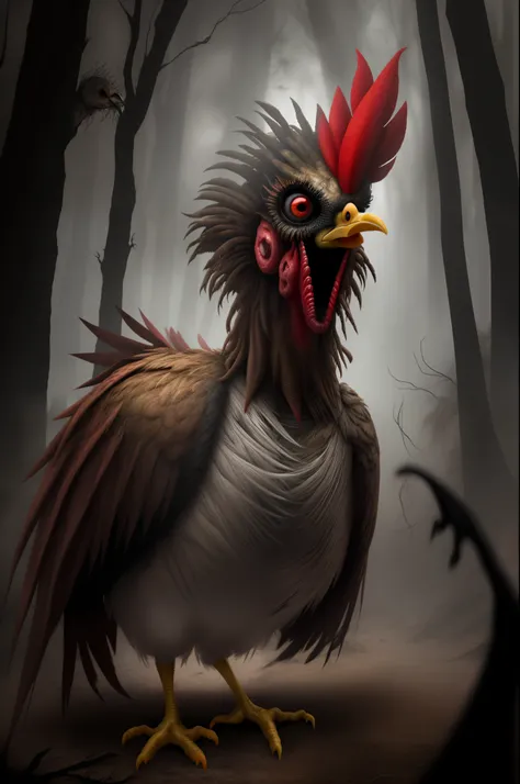 Chicken bird, estilo esqueleto zumbi , Ultra realista, Demonic-style eyes and teeth, corpo saindo fogo, Spooky forest scenery