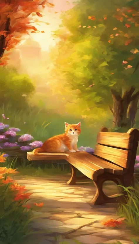 (a small kitten:1.1,big eyes:1.1) sits alone on a park bench, (soft fur) glowing under the warm sunlight. The (rustic wooden bench) is covered with delicate (fallen leaves), creating a cozy and peaceful atmosphere. The (lush green grass) surrounds the benc...