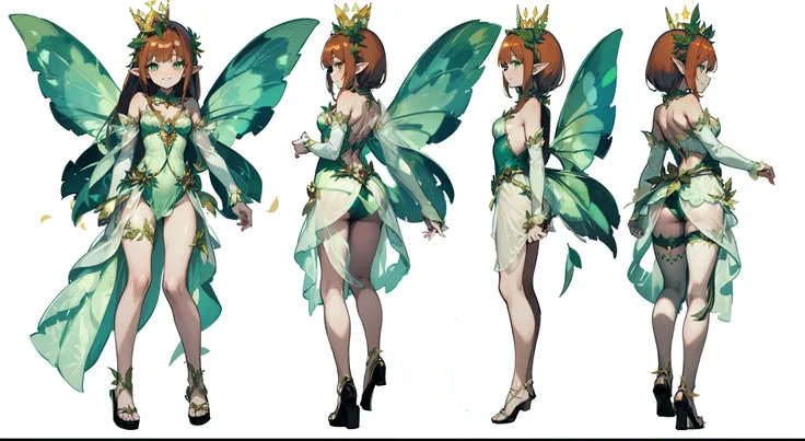 1fairy, reference sheet, matching outfit, (fantasy character design, front angles, side angles, rear angles) mischievous, smug face, sly smile, large head, petite fairy. small breasts, long pointy ears, 1dress, gossamer-thin fabric, intricate leaf patterns...