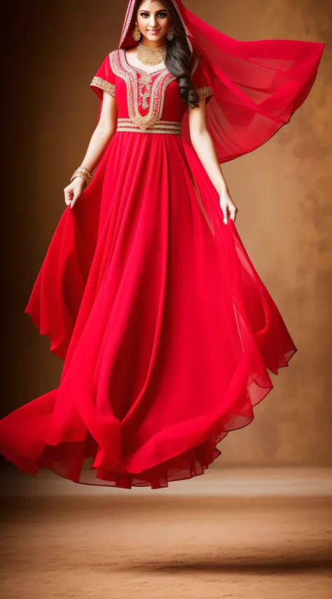 realistic image of a beautiful Arab princess dressed in red and with beautiful blue eyes floating in the air. full body image