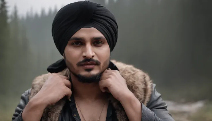 ((Epic Punjabi singer sidhu moose wala wearing a black turban on head, rough wet hero angry look long hair short beard and ferocious expression in dynamic pose, Fantastic location, Majestic cluttered environment)), full body 8k unity render, action shot, s...