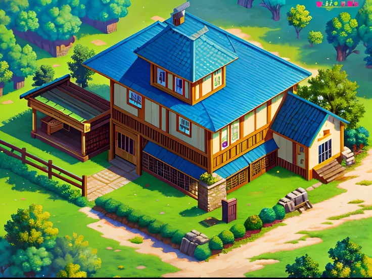 pixel-art, isometric style farmhouse from RPG game, unreal engine, vibrant, beautiful, crisp, detailed, ultra detailed, intricate