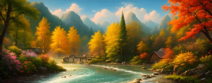 masterpiece, best quality, high quality,extremely detailed CG unity 8k wallpaper, An enchanting and dreamy scene of a river side village,boat in the water, with towering trees, glowing Mary gold flowers, and hidden fairy glens, creating a sense of mystique...