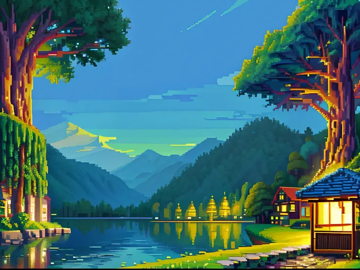 pixel-art, a boy, local town night time, river, forest, mountains, summer, low-res, blocky, pixel art style, 8-bit graphics