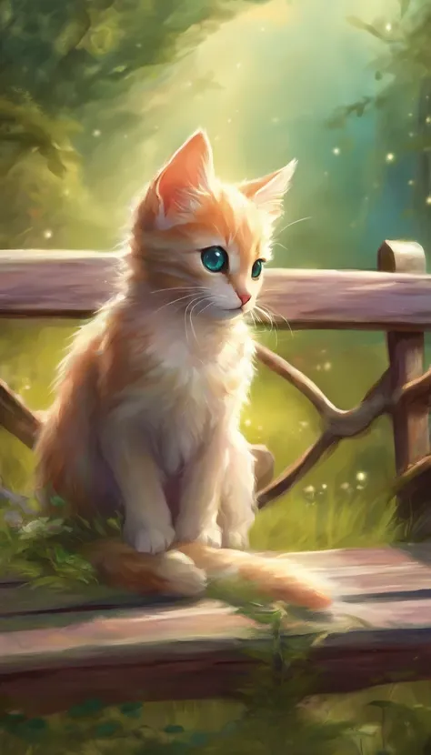 A small kitten with big eyes sits alone on a park bench