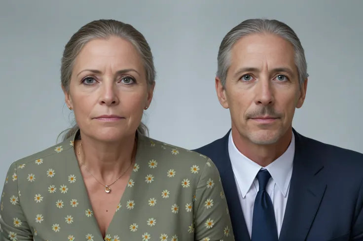 Transform the image of this couple (middle-aged woman and man) into a modern photo, imitating the quality of a professional photographer. Dont age people. Dont make people younger than they are. Produce as realistic a result as possible, highly realistic. ...