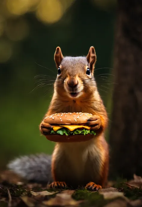 squirrel holding a hamburger, feliz, estilo cartoon, estilo logo