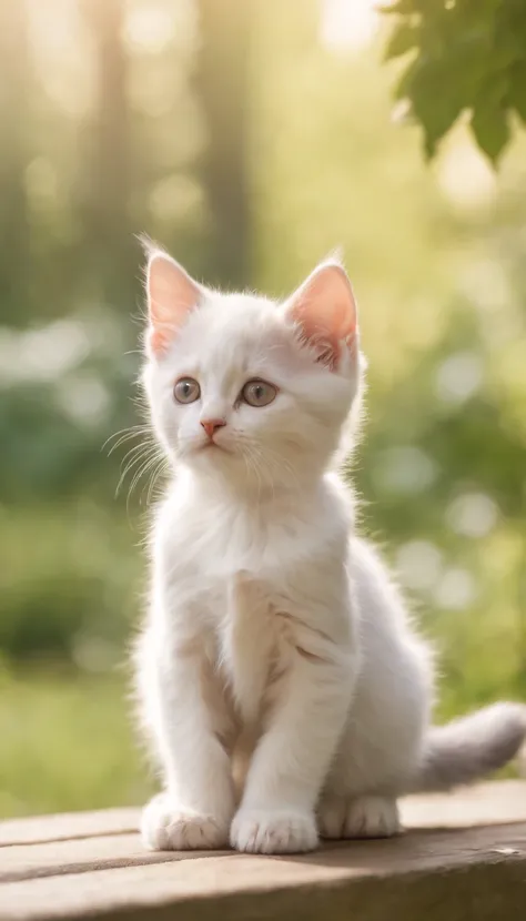 (best quality, highres), (cute, adorable) small kitten, big beautiful eyes, alone, sits, park bench, green surroundings, peaceful atmosphere, sunlight, soft shadows, fluffy fur, innocent expression, curious, paw prints, plants and flowers around, chirping ...