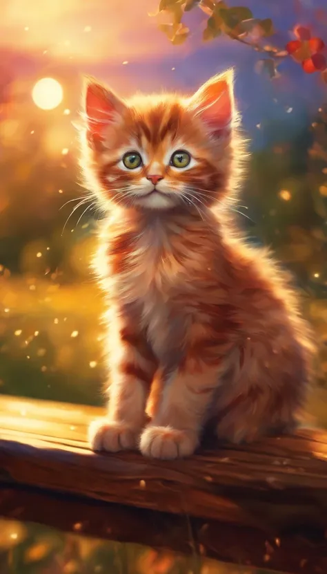 (a small kitten with big eyes:1.1,alone on a park bench),(photorealistic:1.37) illustration, vibrant colors, golden hour lighting